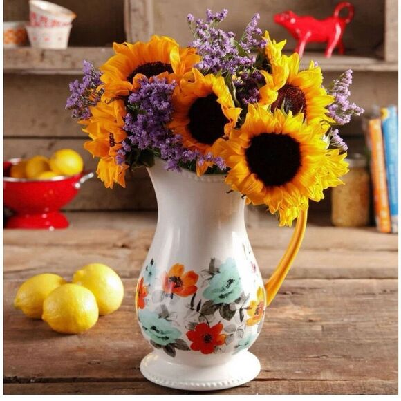 Pioneer Woman Pitcher Stoneware Flea Market Floral Footed 2 Quart - Picture 6 of 7